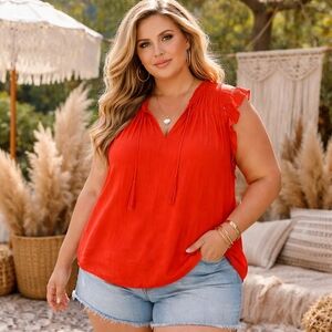 Joie Red Orange Sleeveless Ruffle Blouse Boho Feminine Lightweight Summer Top